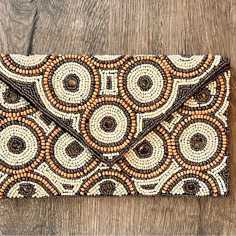 Beaded Circle Motif Envelope Clutch in Cream, Tan & Brown